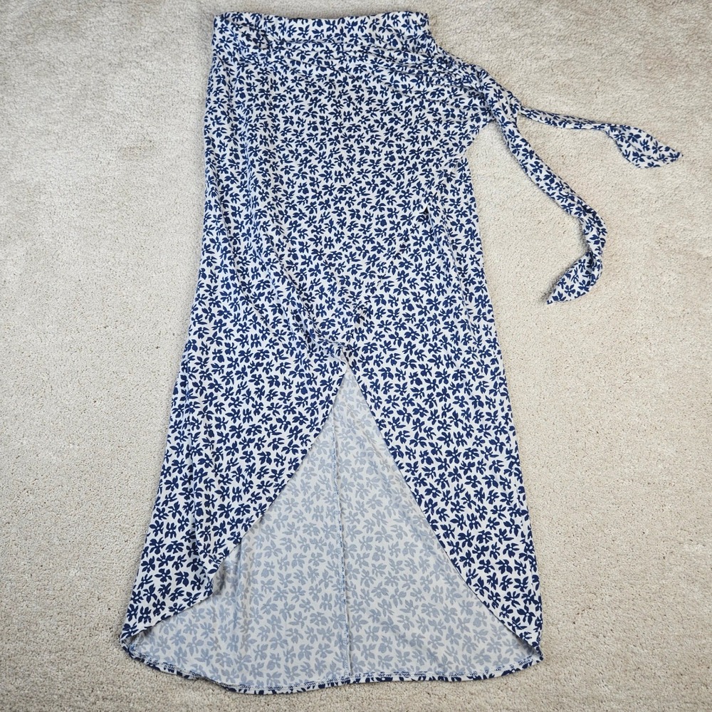 Women's Reformation XS Maxi Skirt Blue White Floral Print Wrap Tie High Mid Slit